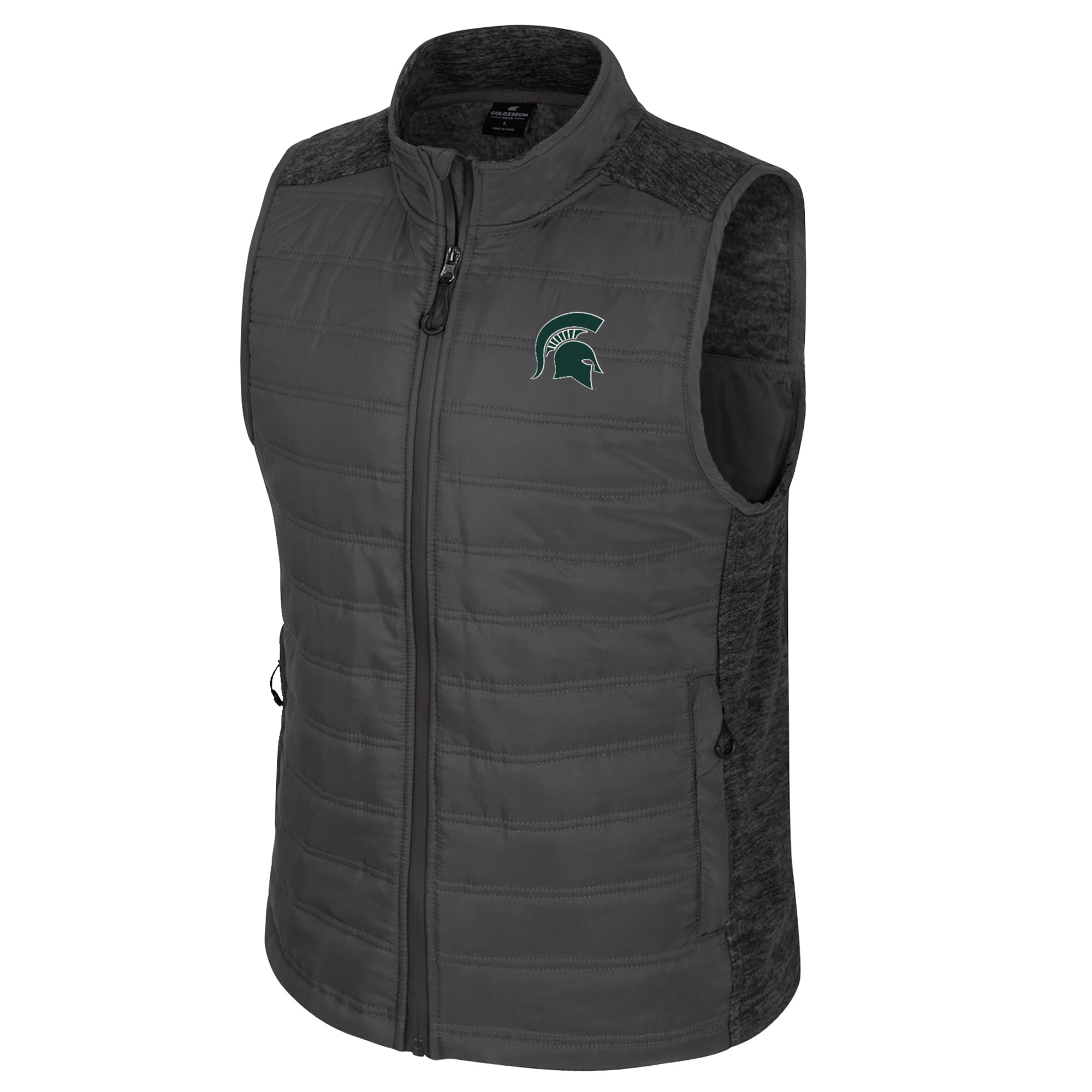 Gray insulated full-zip vest with two pockets at the bottom on either side that have zippers and a green Spartan helmet logo on the left upper chest. 