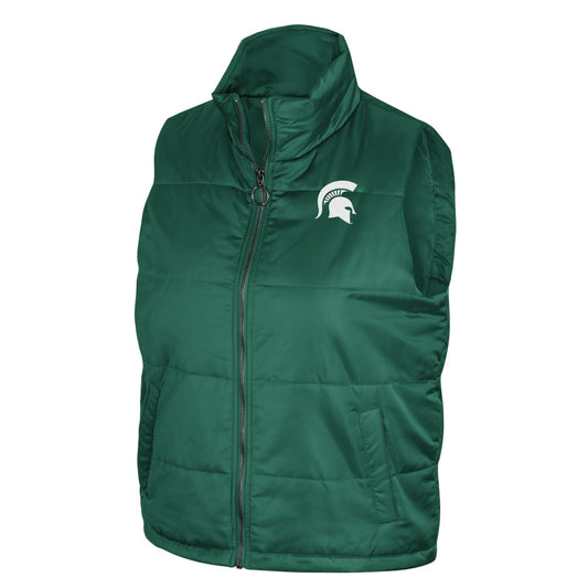 Green puffer vest with a white printed Spartan Helmet logo on the left upper chest, a full zipper, and two pockets on each side of the vest. 