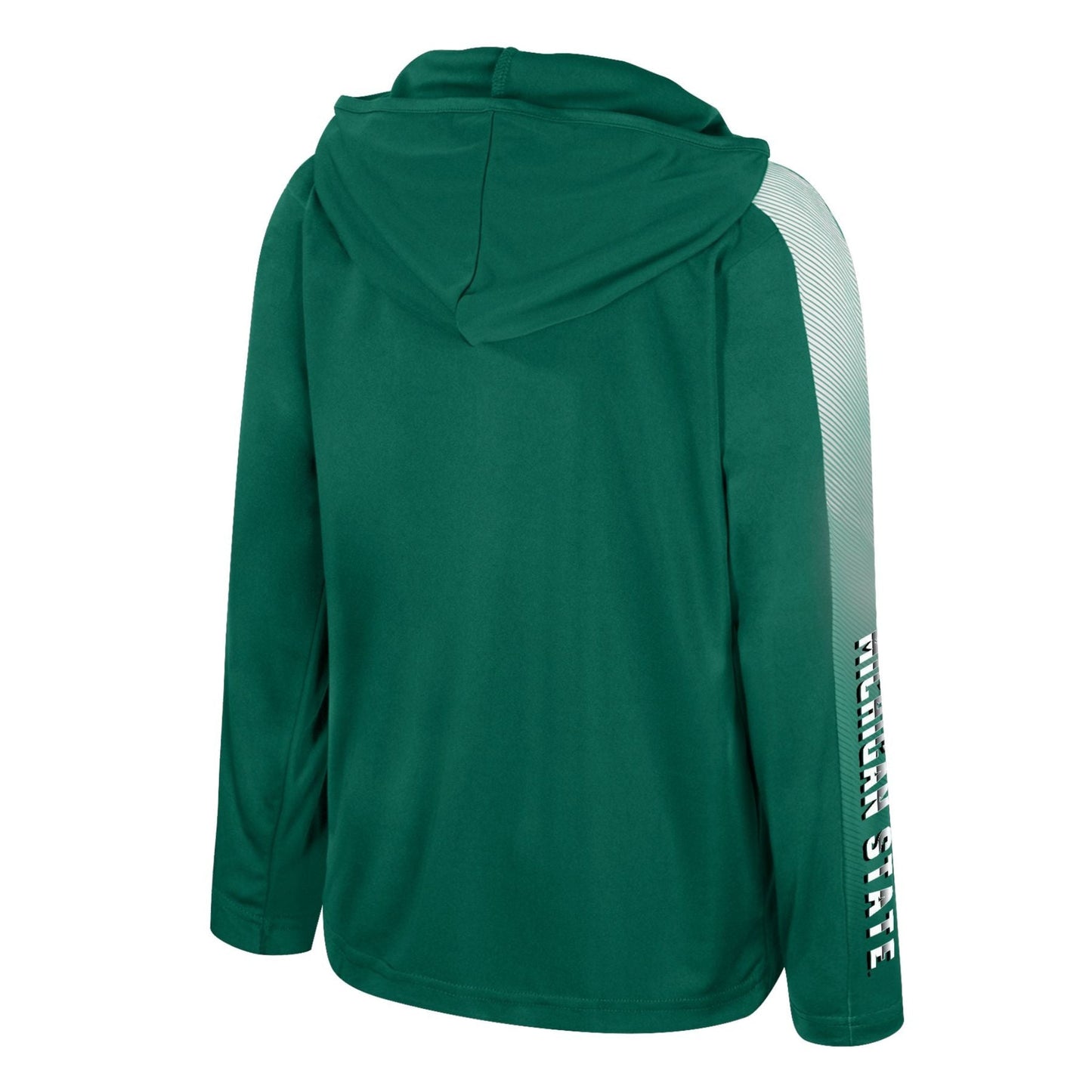 Green hooded sweatshirt with long sleeves, featuring white vertical "Michigan State" text along the right sleeve. Back view shown.