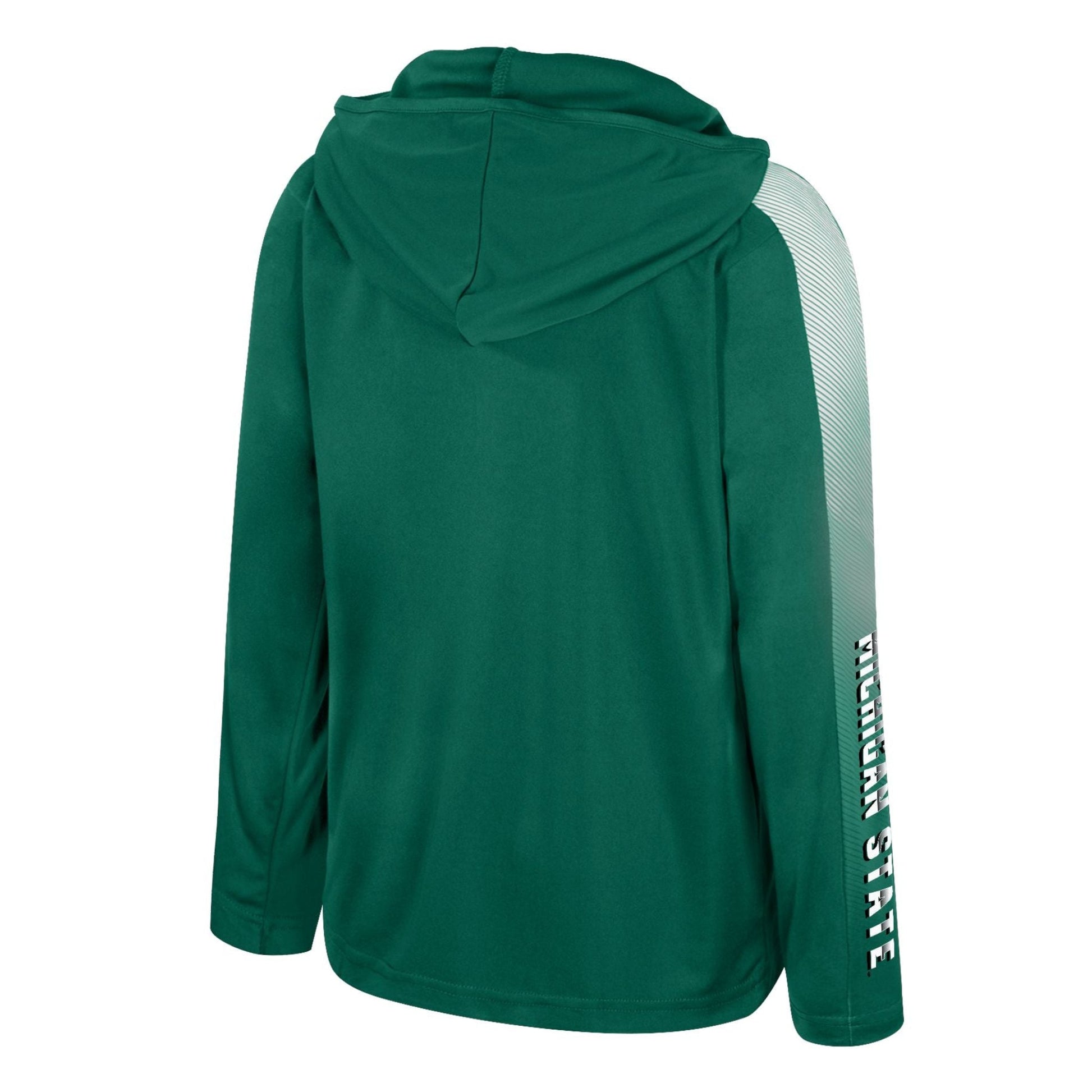 Green hooded sweatshirt with long sleeves, featuring white vertical "Michigan State" text along the right sleeve. Back view shown.