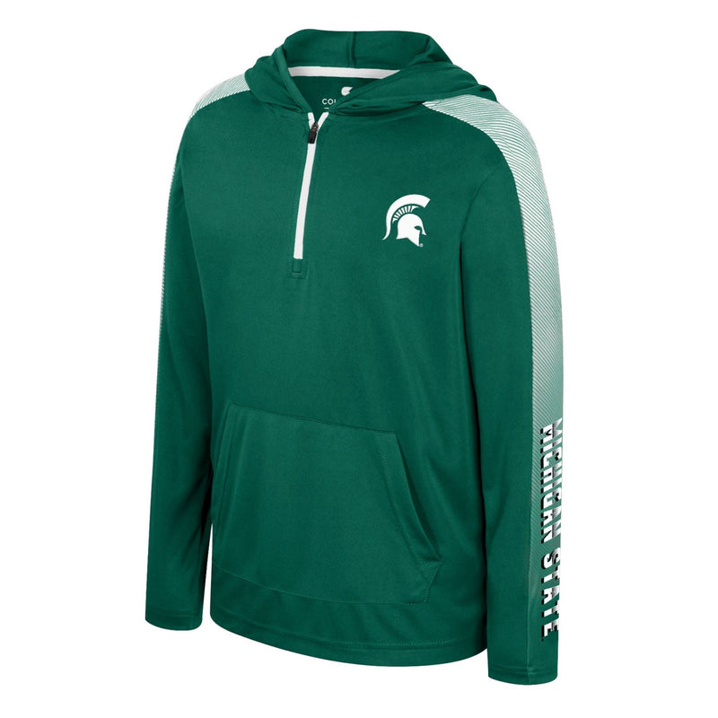 Green quarter-zip hooded sweatshirt with Michigan State Spartans logo on the left chest, 'MICHIGAN STATE' printed vertically on the right sleeve, and white-to-gray gradient detailing on the shoulders