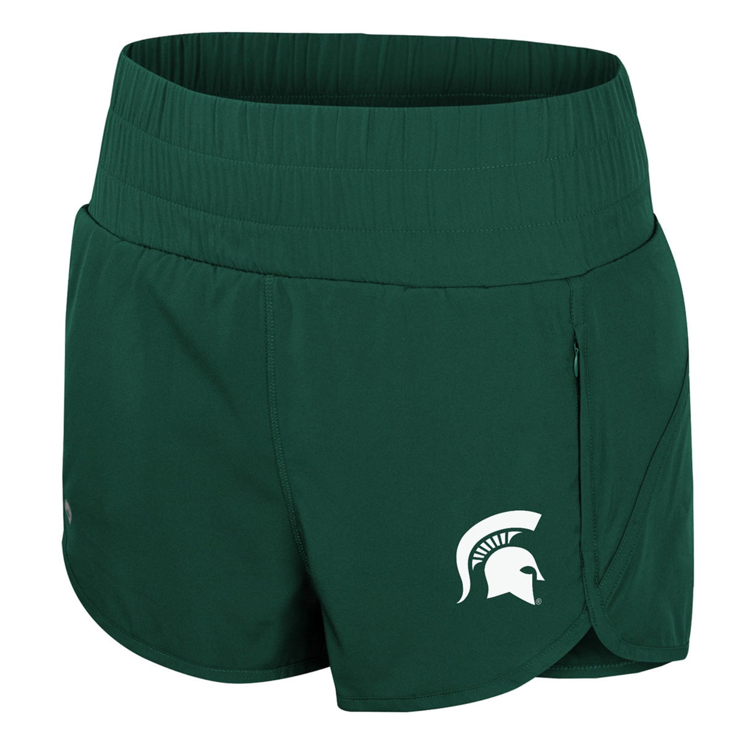 A pair of green, high-waisted Michigan State University running shorts with a split hem and smocked waistband, featuring a white Spartan Helmet logo on the left leg.