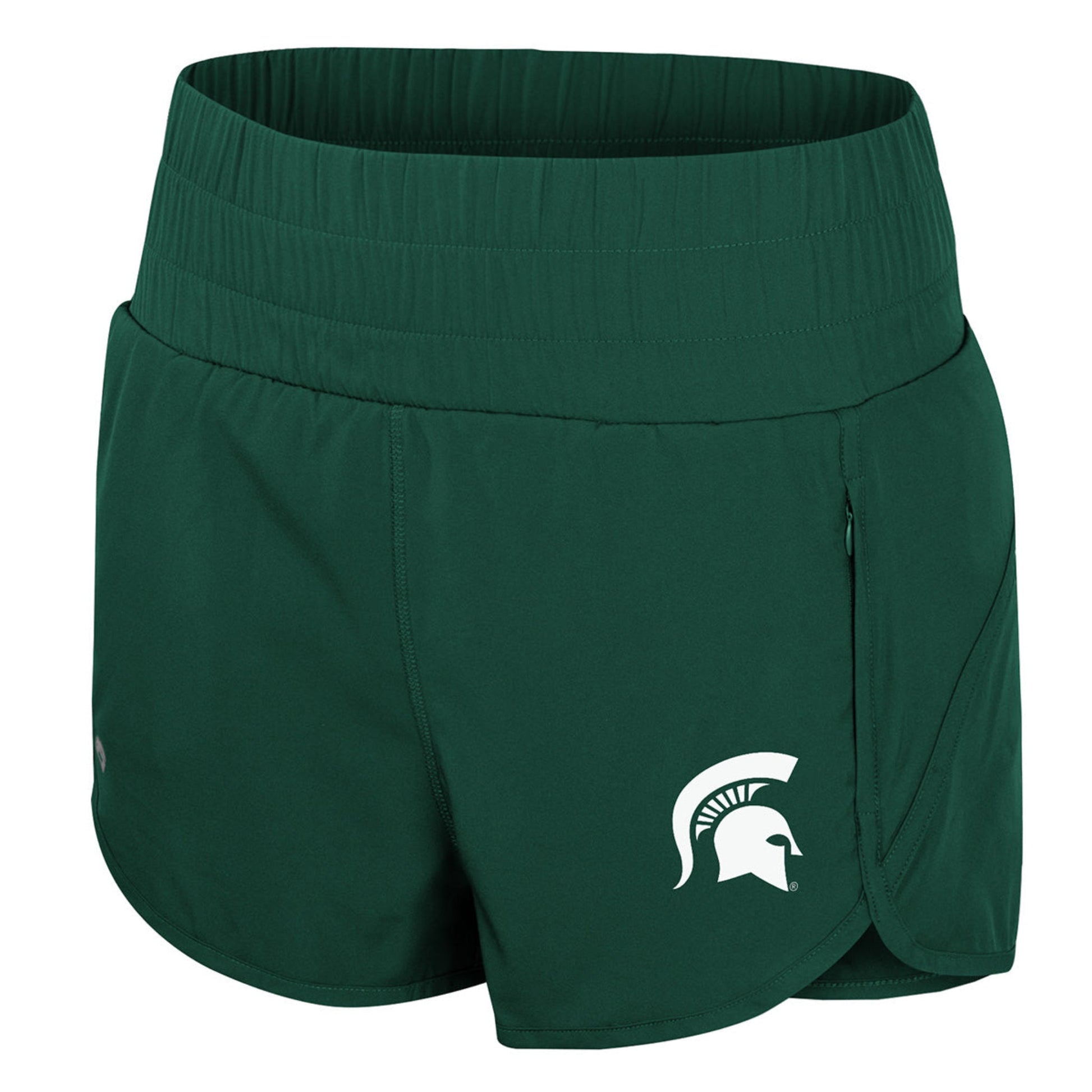A pair of green, high-waisted Michigan State University running shorts with a split hem and smocked waistband, featuring a white Spartan Helmet logo on the left leg.