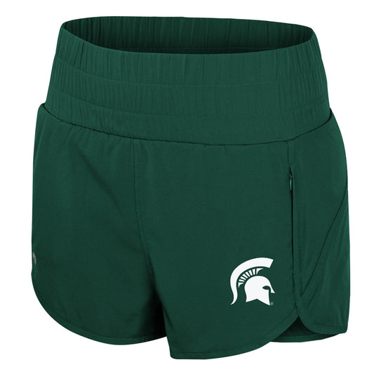 A pair of green, high-waisted Michigan State University running shorts with a split hem and smocked waistband, featuring a white Spartan helmet logo on the left leg.