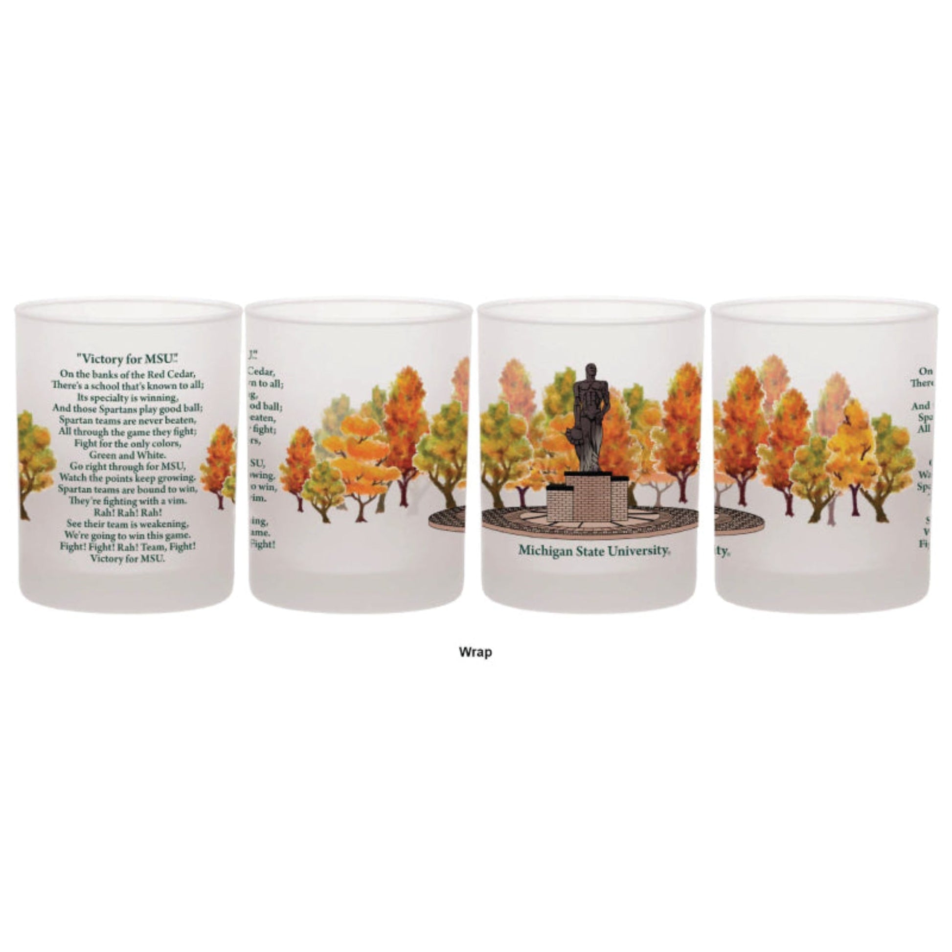 Glass with wrap-around design featuring Michigan State University Spartan statue, autumn trees, and the 'Victory for MSU' fight song text.