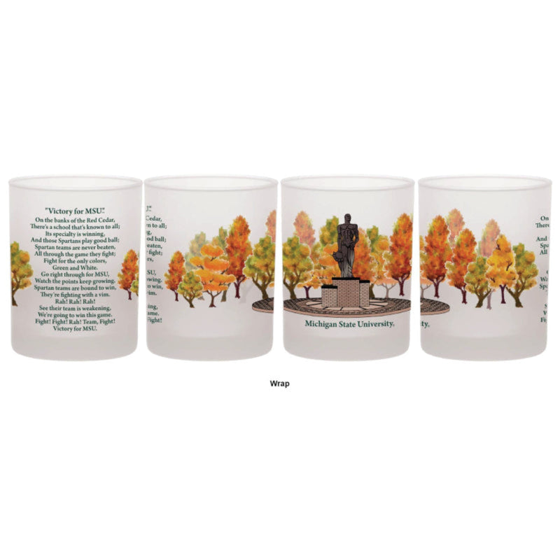 Glass with wrap-around design featuring Michigan State University Spartan statue, autumn trees, and the 'Victory for MSU' fight song text.