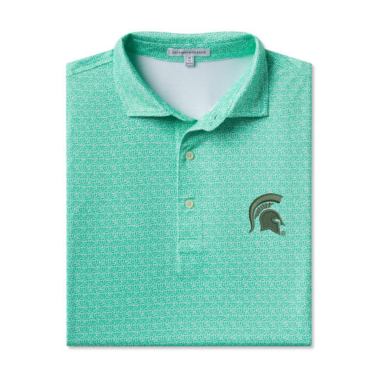 Folded teal polo with green Spartan Helmet logo on the upper left chest. 