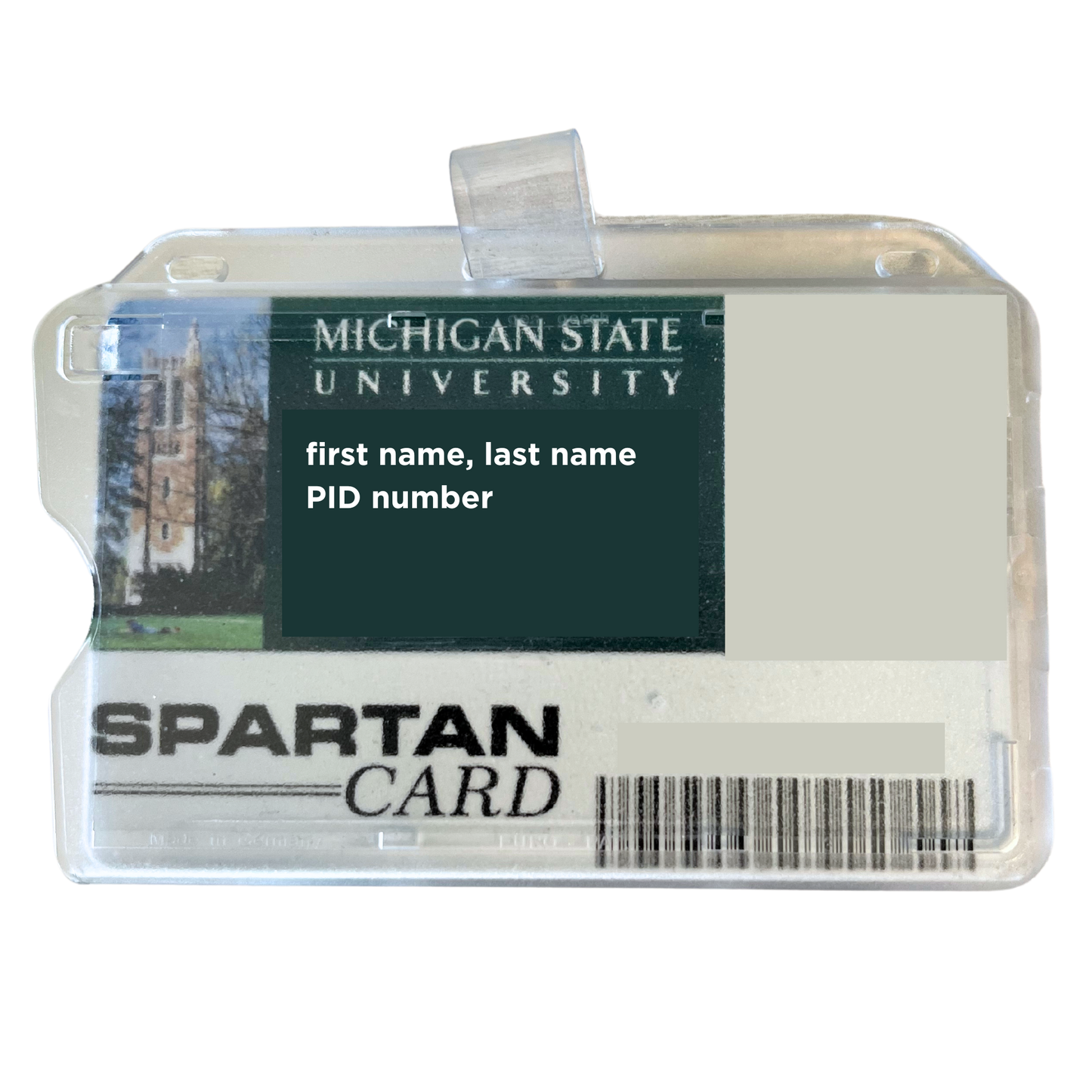 Clear polycarbonate ID card holder with side loading and a slot to attach to a lanyard.