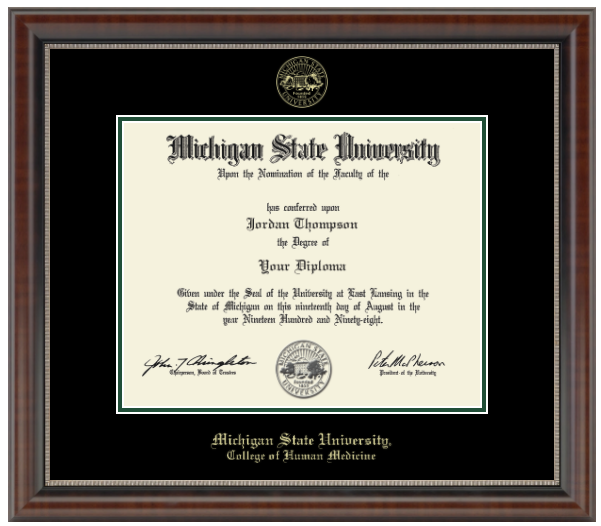 The diploma is enclosed in a dark brown wood frame with a black matte and green trim. 'Michigan State University' is printed in gold lettering at the bottom center of the frame. Below in gold letters, 'College of Human Medicine'