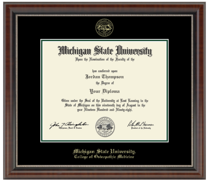 The diploma is enclosed in a dark brown wood frame with a black matte and green trim. "Michigan State University" is printed in gold lettering at the bottom center of the frame. Below in gold letters, "College of Osteopathic Medicine."