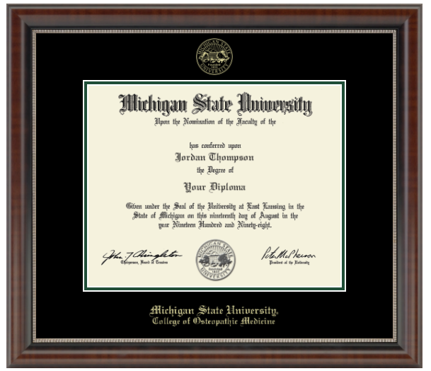 The diploma is enclosed in a dark brown wood frame with a black matte and green trim. 'Michigan State University' is printed in gold lettering at the bottom center of the frame. Below in gold letters, 'College of Osteopathic Medicine'