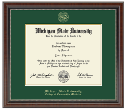 The diploma is enclosed in a dark brown wood frame with a green matte and gold trim. "Michigan State University" is printed in gold lettering at the bottom center of the frame. Below in gold letters, "College of Osteopathic Medicine."