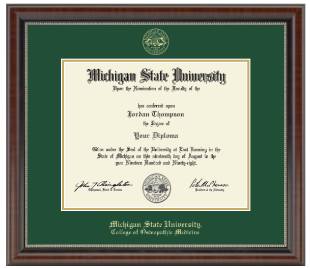 The diploma is enclosed in a dark brown wood frame with a green matte and gold trim. 'Michigan State University' is printed in gold lettering at the bottom center of the frame. Below in gold letters, 'College of Osteopathic Medicine'