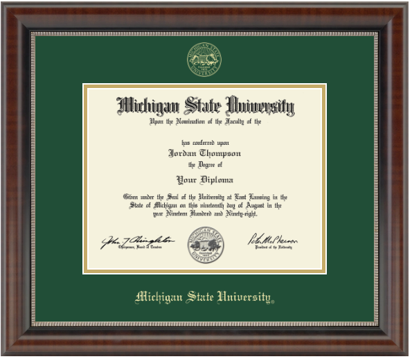 The diploma is enclosed in a dark brown wood frame with a green matte and gold trim. 'Michigan State University' is printed in gold lettering at the bottom center of the frame.