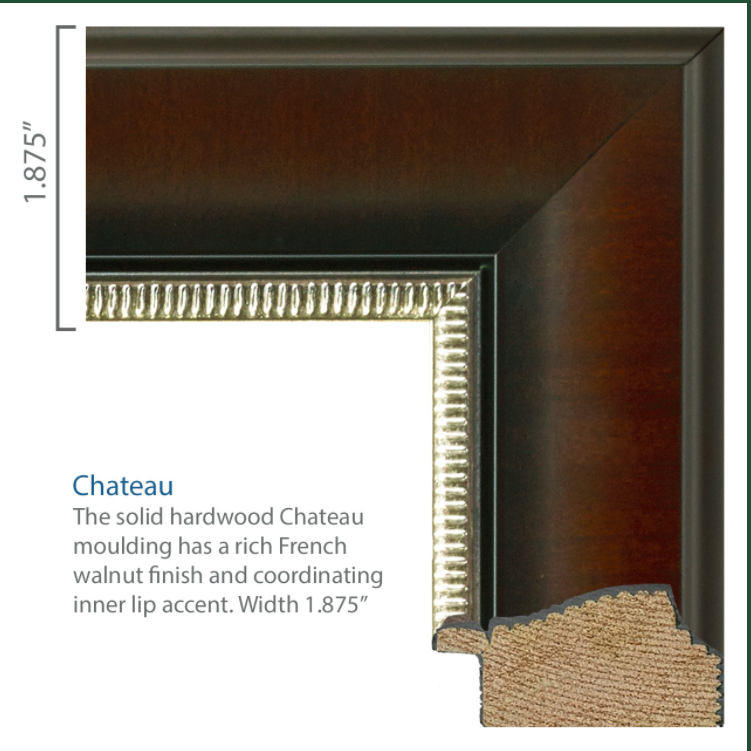 French walnut finish and coordinating inner lip access. Width 1.875".