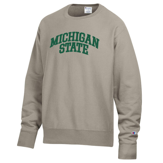 A beige crewneck with the words "Michigan State" on the chest in green.