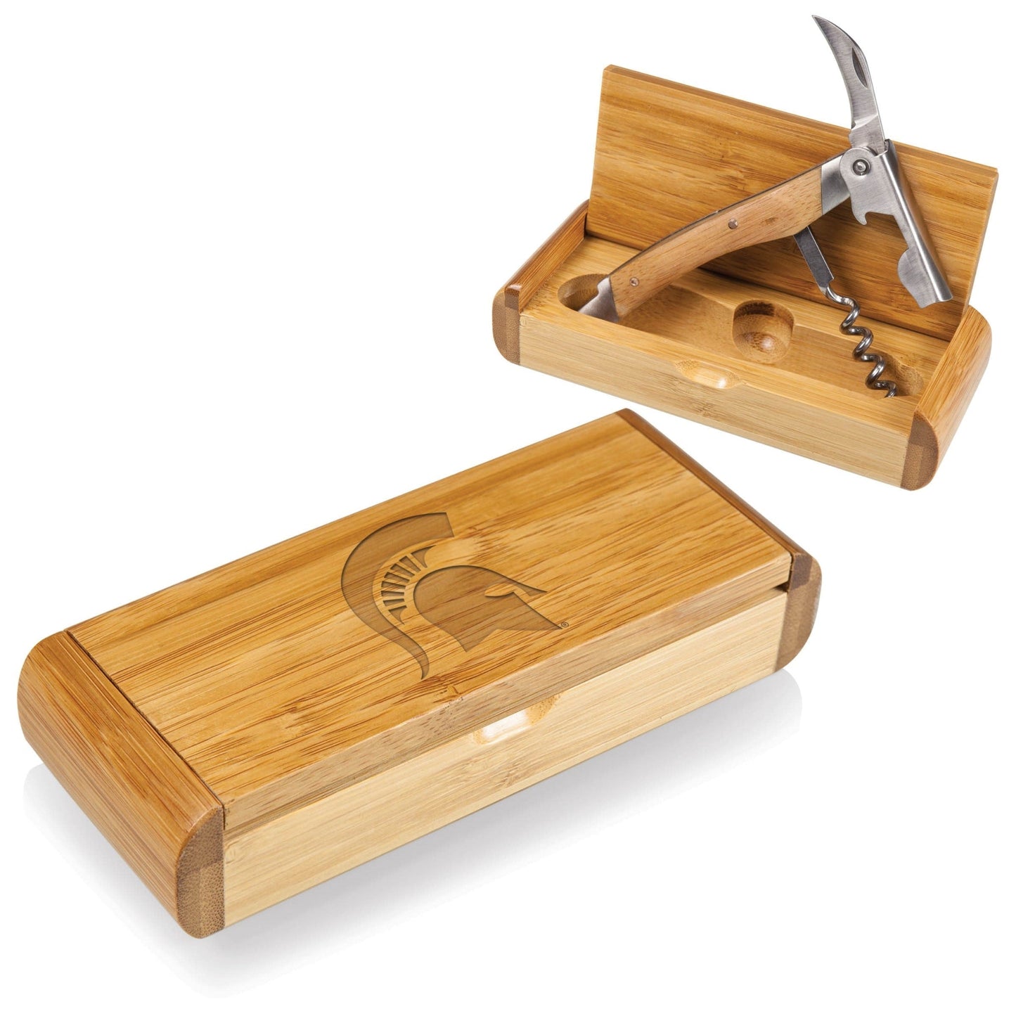 Bamboo box with a Spartan Helmet logo engraved on the top and a corkscrew multitool on the inside.