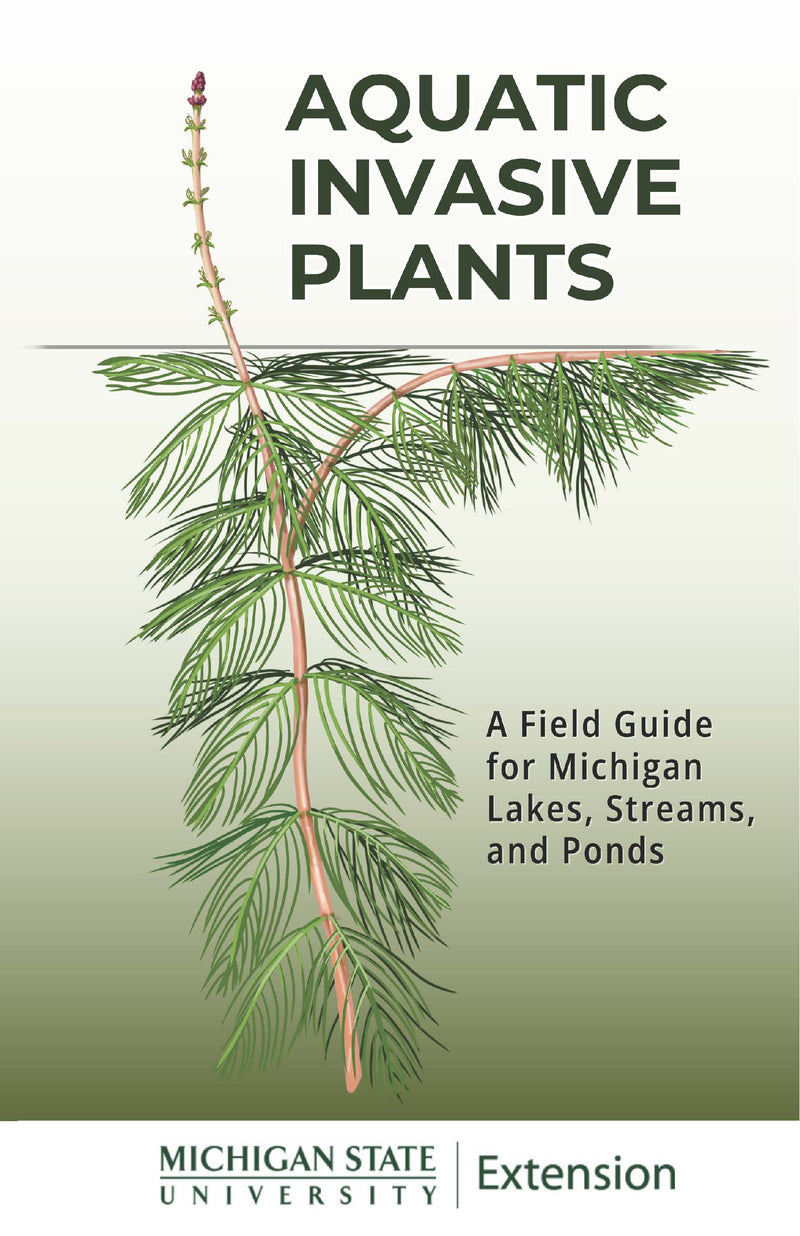 Book cover of 'Aquatic Invasive Plants' with plant illustration and Michigan State University Extension logo.