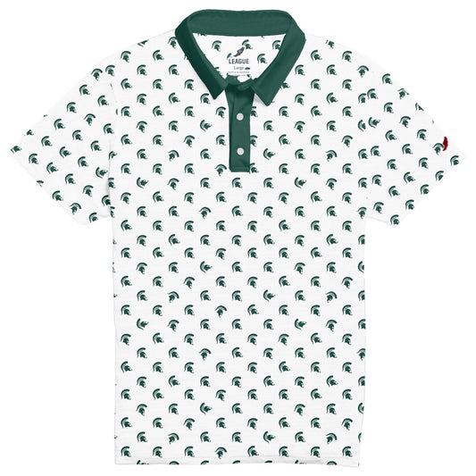 A white polo shirt covered in green Spartans Helmet, featuring a green collar and white buttons.
