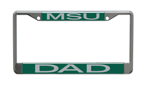 License plate frame with a green background and white text. The top section reads 'MSU' and the bottom section reads 'DAD'