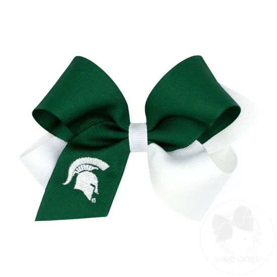 A green and white hair bow with a Spartan Helmet logo.