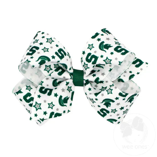 White hair bow with green and gray MSU-themed designs, including 'S', Spartan helmets, and stars.