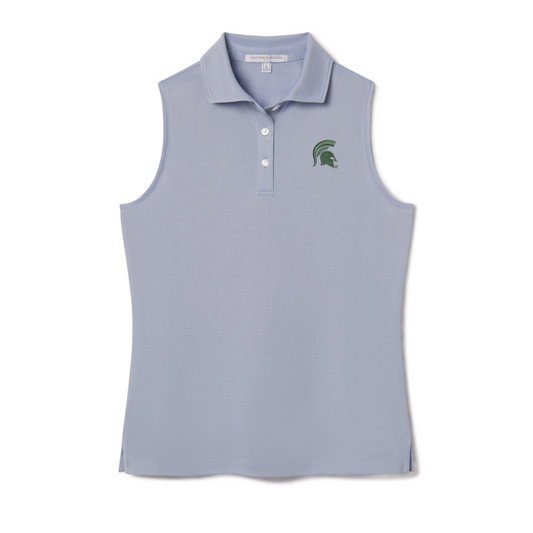 Light blue sleeveless polo shirt with an embroidered green Spartan Helmet logo on the left upper chest and three white buttons. Shown on a white background. 