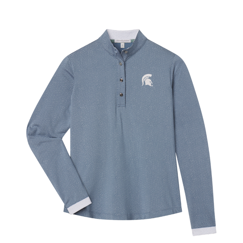 Blue long-sleeve shirt with a white spartan helmet logo on a white background