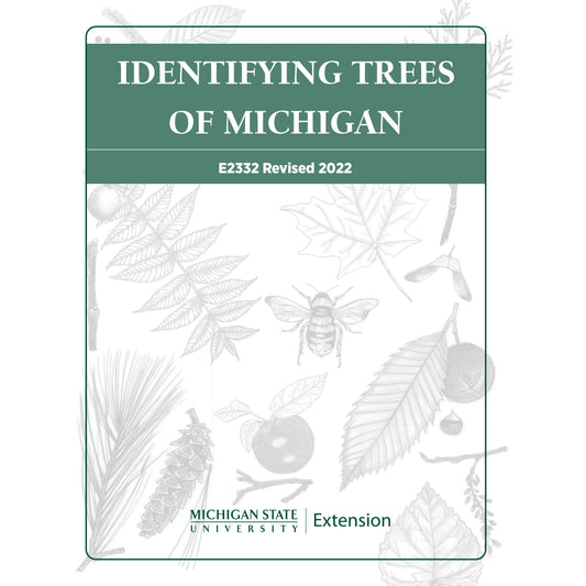 Cover of the book "Identifying Trees of Michigan." The title is in white lettering encompassed in a forest green background banner. Below the banner, in black and white, are drawings of various insects, tree branches, and fruits with the MSU Extension signature logo on the bottom in green. 
