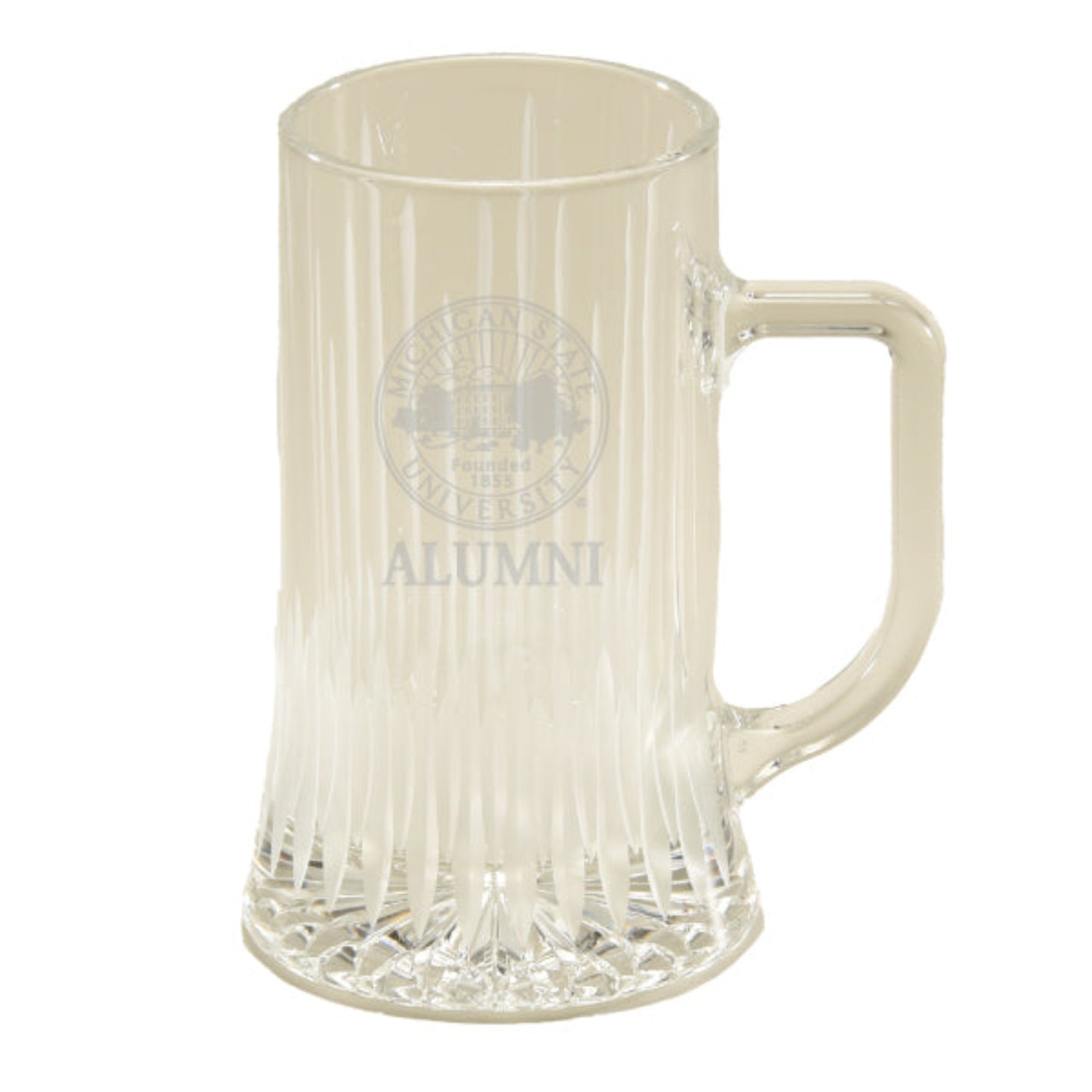Glass beer stein with handle. Etched on center of one side is the Michigan State University Seal with Alumni underneath. 