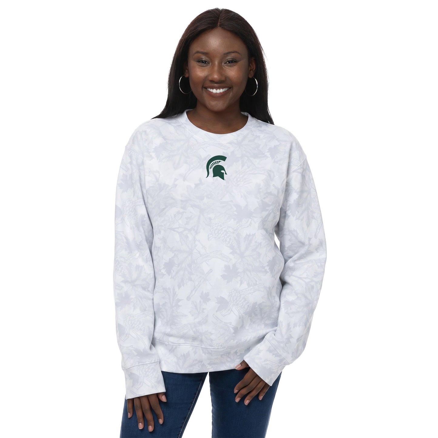 White and grey camo crew neck sweatshirt. with a green embroidered spartan helmet in center of chest. 