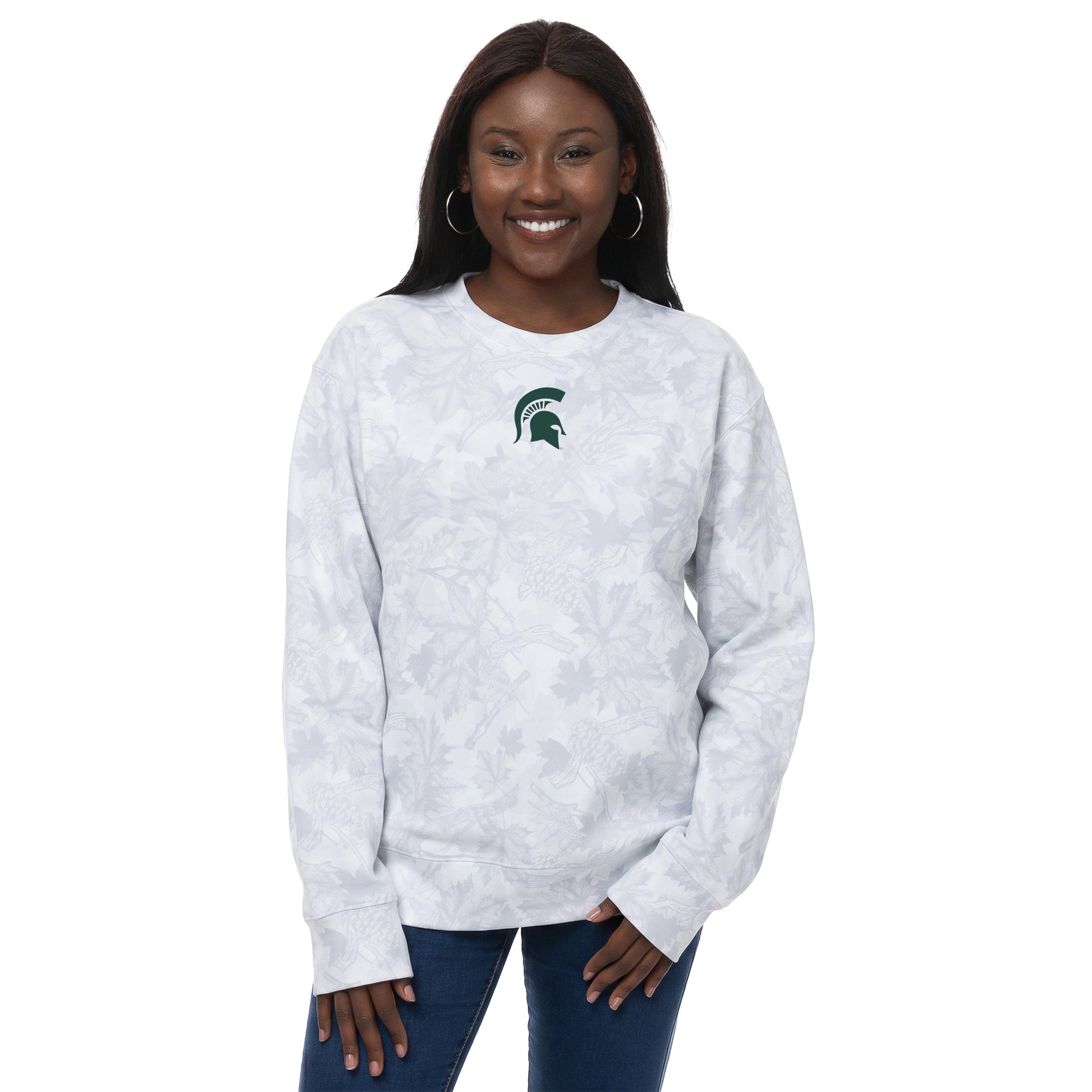 White and grey camo crew neck sweatshirt. with a green embroidered spartan helmet in center of chest. 