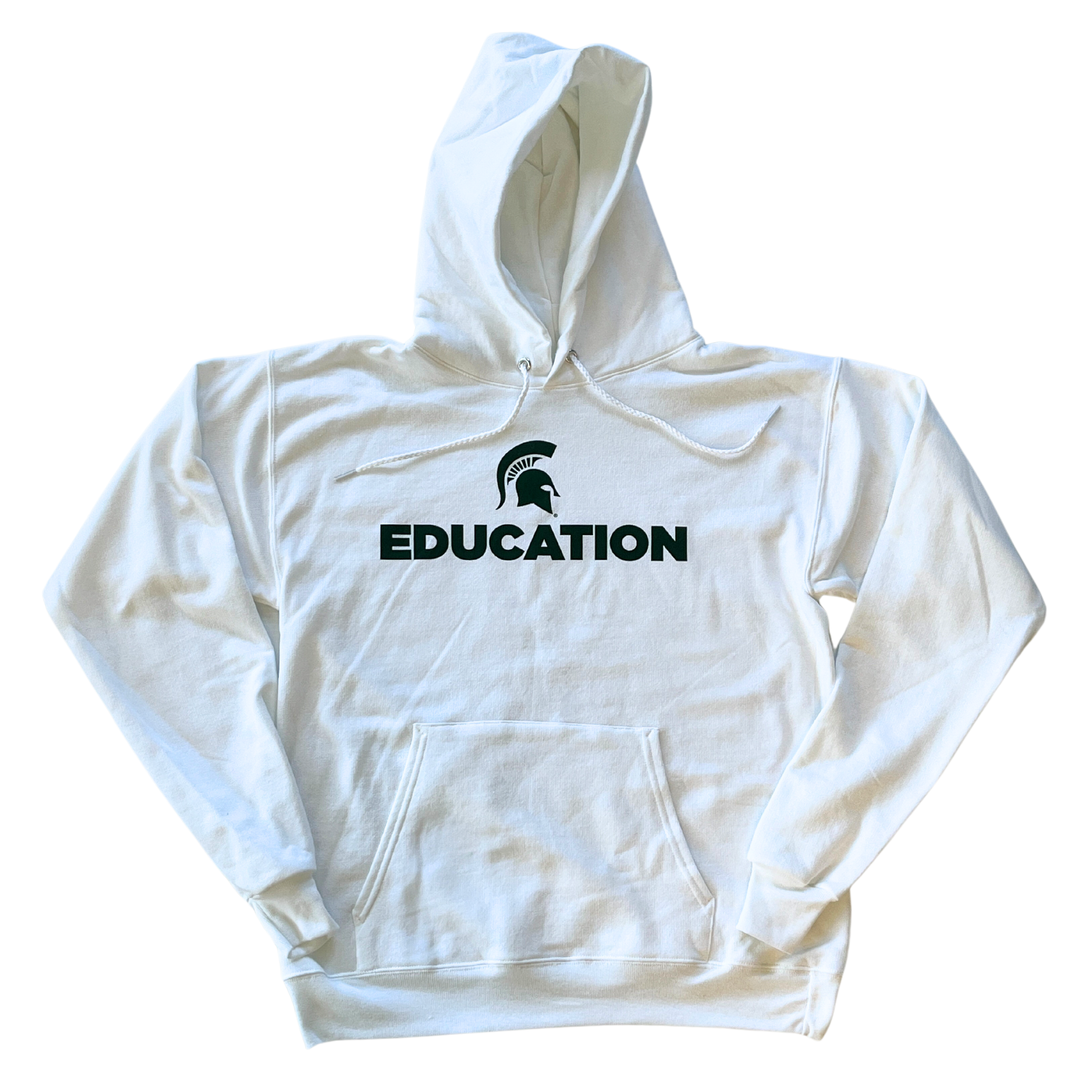 White hooded sweatshirt with green text that reads "Education" and a green Spartan Helmet logo above the text. Sweatshirt has a large pocket on the front and drawstrings on the hood.