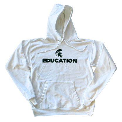 White hooded sweatshirt with green text that reads "Education" and a green Spartan Helmet logo above the text. Sweatshirt has a large pocket on the front and drawstrings on the hood.
