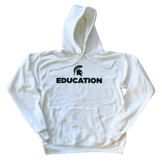 White hooded sweatshirt with green text that reads "Education" and a green Spartan Helmet logo above the text. Sweatshirt has a large pocket on the front and drawstrings on the hood.