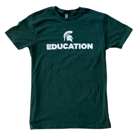 Forest green unisex short-sleeve crewneck t-shirt with a white Spartan helmet over text reading education in all caps.