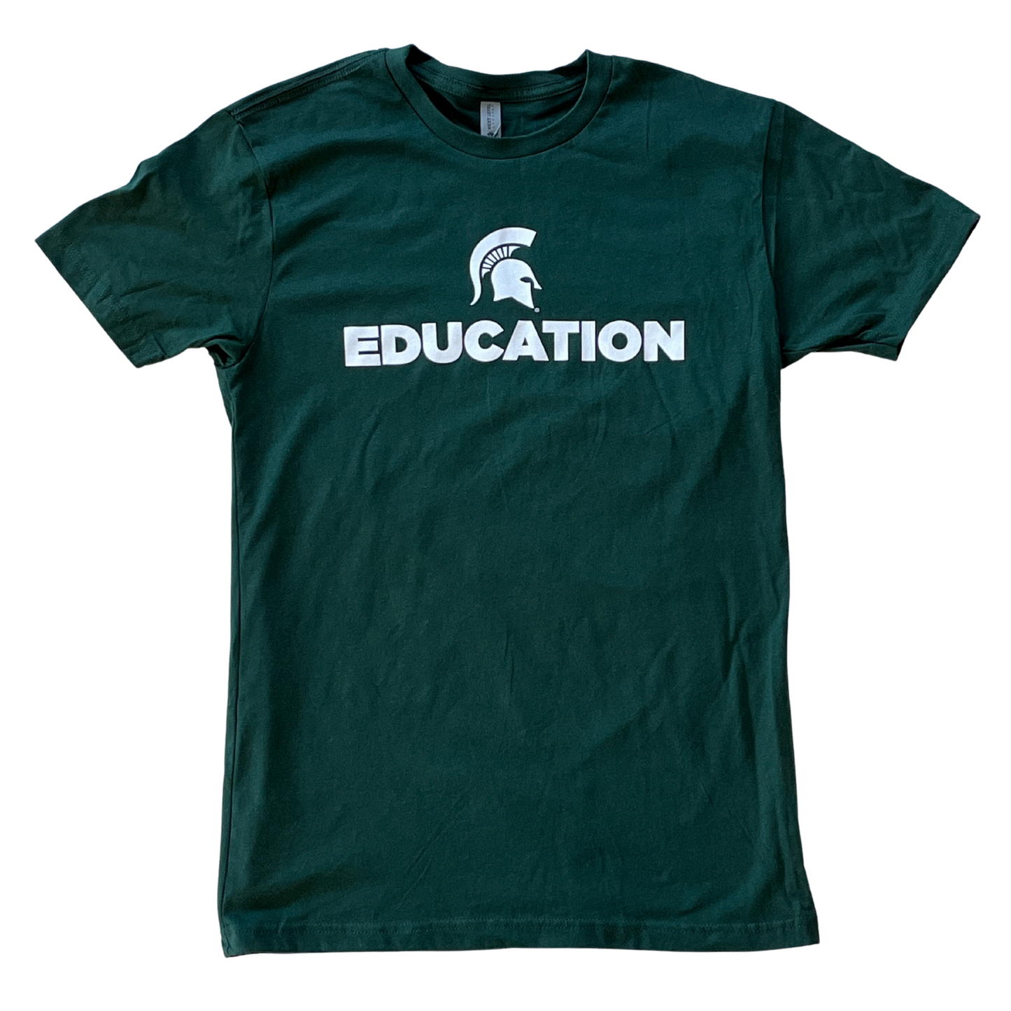 Forest green short-sleeve women's crewneck T-shirt with a white Spartan Helmet logo above text reading "Education" in all caps. 