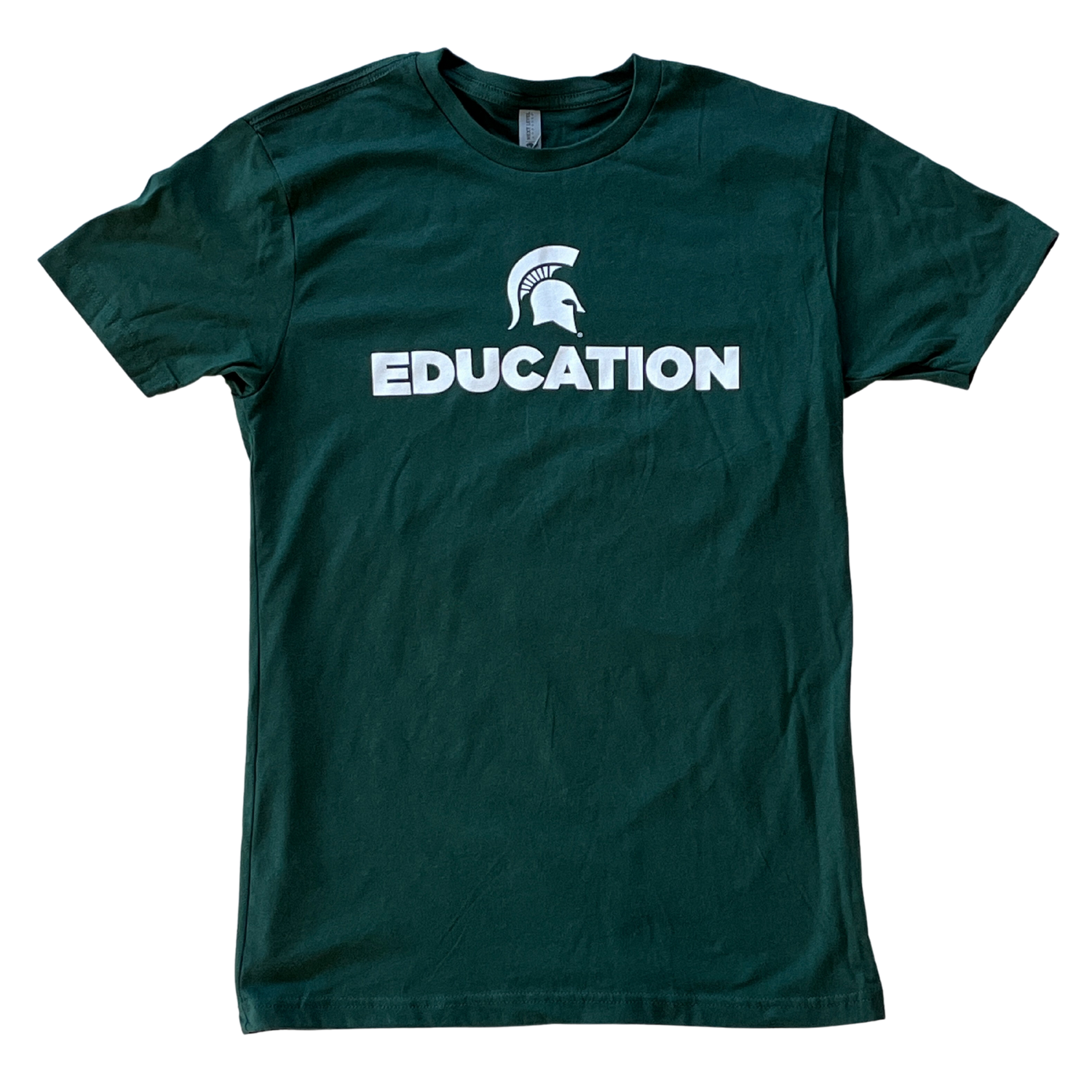 Forest green short-sleeve women's crewneck T-shirt with a white Spartan Helmet logo above text reading "Education" in all caps. 