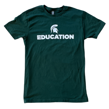 Forest green short-sleeve women's crewneck T-shirt with a white Spartan Helmet logo above text reading "Education" in all caps. 