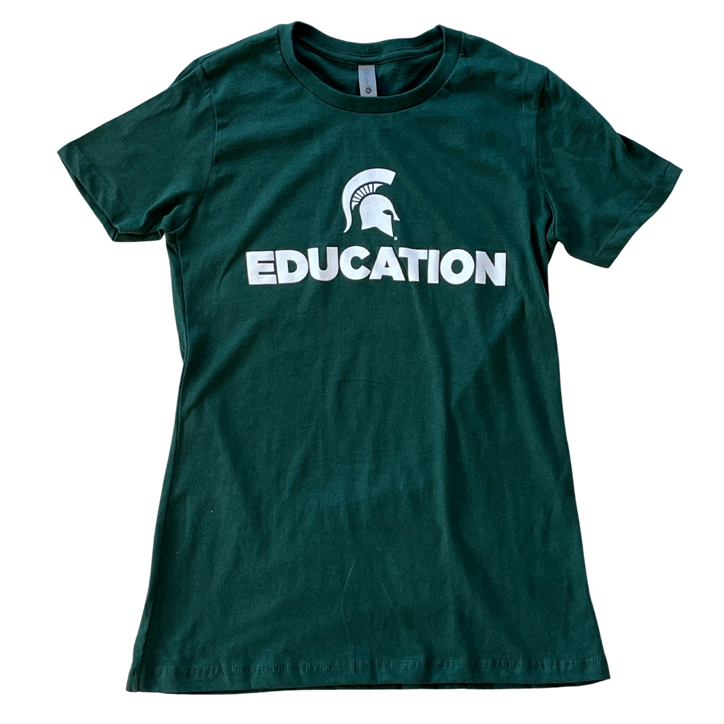 Forest green short-sleeve women's crewneck T-shirt with a white Spartan Helmet logo above text reading "Education" in all caps. 