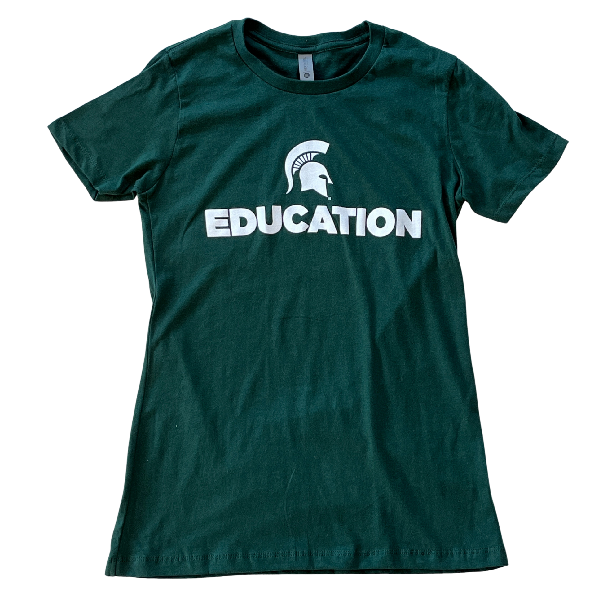 Forest green short-sleeve women's crewneck T-shirt with a white Spartan Helmet logo above text reading "Education" in all caps. 