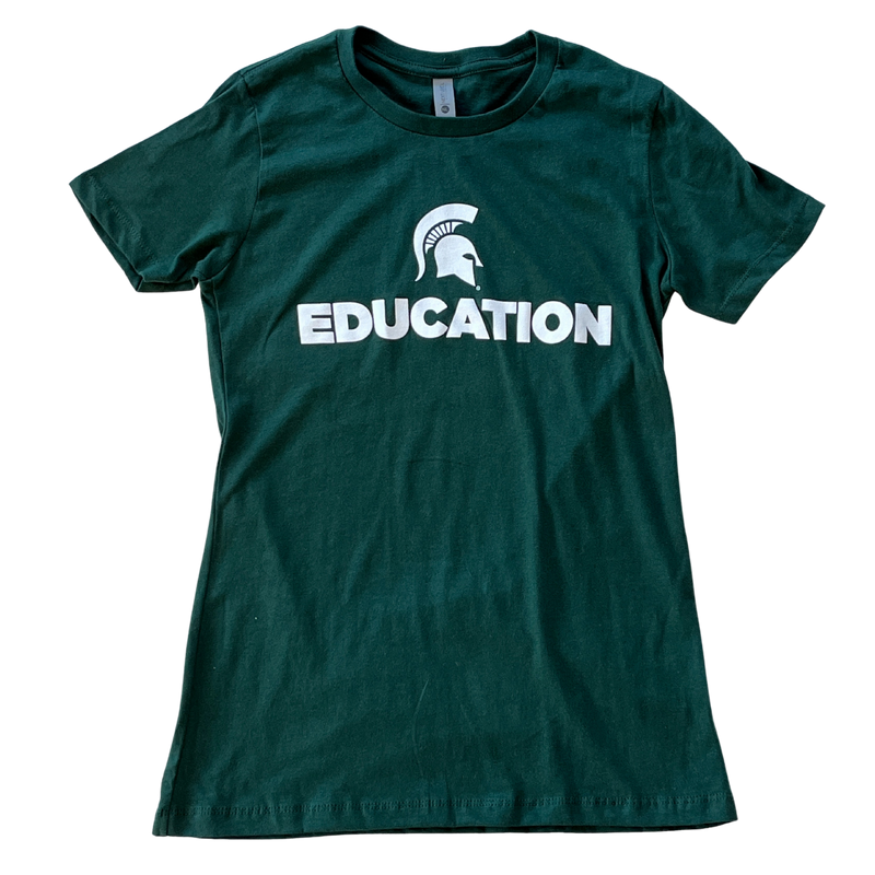Forest green short-sleeve women's crewneck t-shirt with a white Spartan helmet over text reading education in all caps.