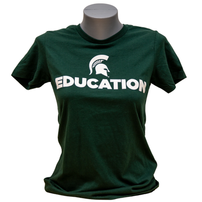 Forest green short-sleeve women's crewneck T-shirt with a white Spartan Helmet logo above text reading "Education" in all caps. Shown on a mannequin. 