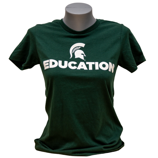 Forest green short-sleeve women's crewneck T-shirt with a white Spartan Helmet logo above text reading "Education" in all caps. Shown on a mannequin. 