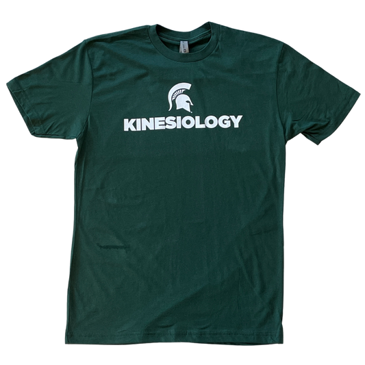 Forest green short-sleeve unisex crewneck T-shirt with a white Spartan Helmet logo above text reading "Kinesiology" in all caps.