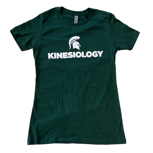 Forest green short-sleeve women's crewneck T-shirt with a white Spartan Helmet logo above text reading "Kinesiology" in all caps.
