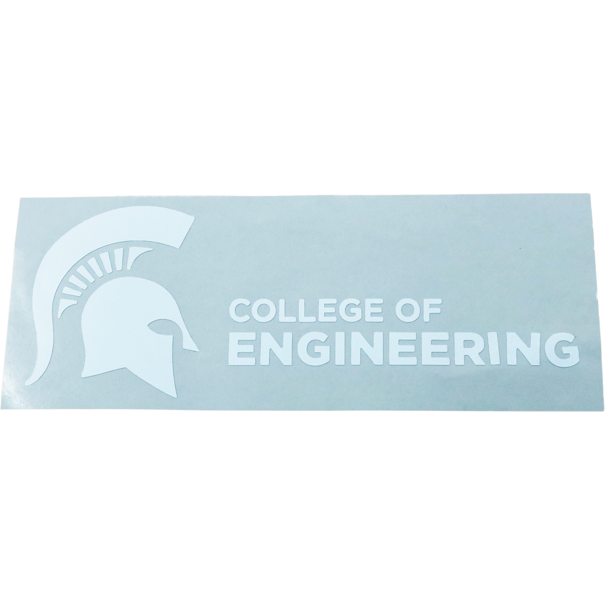 Green vinyl decal with white Spartan Helmet on left side and College of Engineering in white on lower right side.