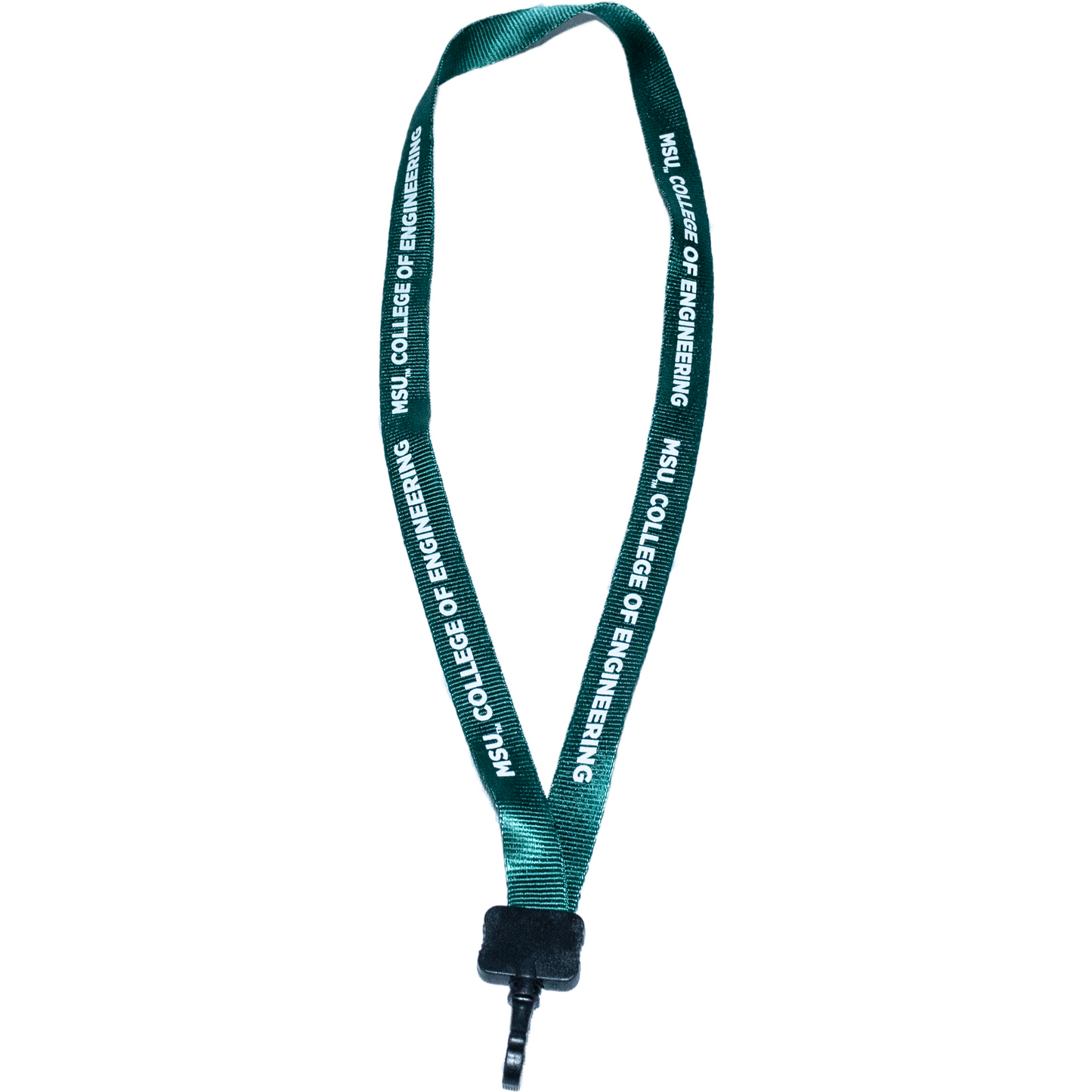 Dark green woven lanyard printed with MSU College of Engineering in white repeating along length. On the end is a black swivel snap hook.