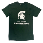 Dark green T-shirt with a white Spartan Helmet logo and white block text reading "College of Engineering" printed on center front.