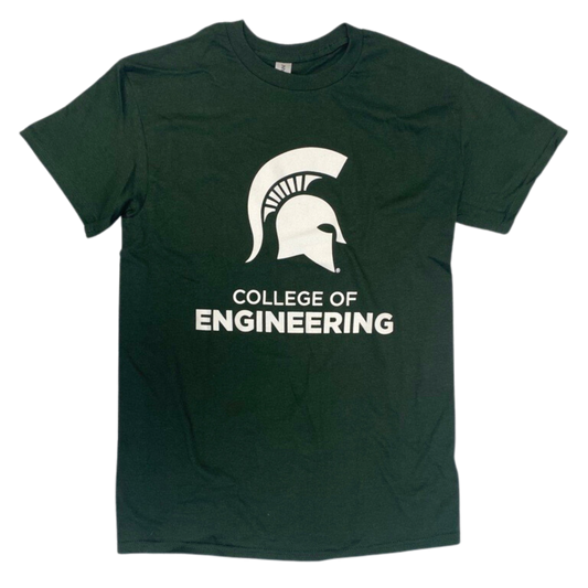 Dark green T-shirt with a white Spartan Helmet logo and white block text reading "College of Engineering" printed on center front.